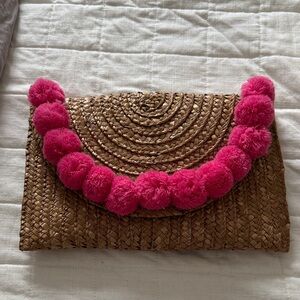 Nordstrom shiraleah Pink Pom-Pom Woven Clutch straw brand new never used